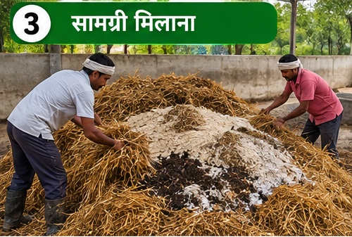 बटन मशरूम कम्पोस्ट की सामग्री मिलाना