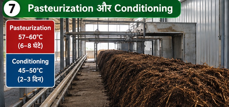 बटन मशरूम कम्पोस्ट की pasteurization और conditioning प्रक्रिया