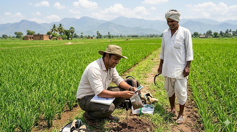 खेत में मिट्टी का नमूना लेते किसान