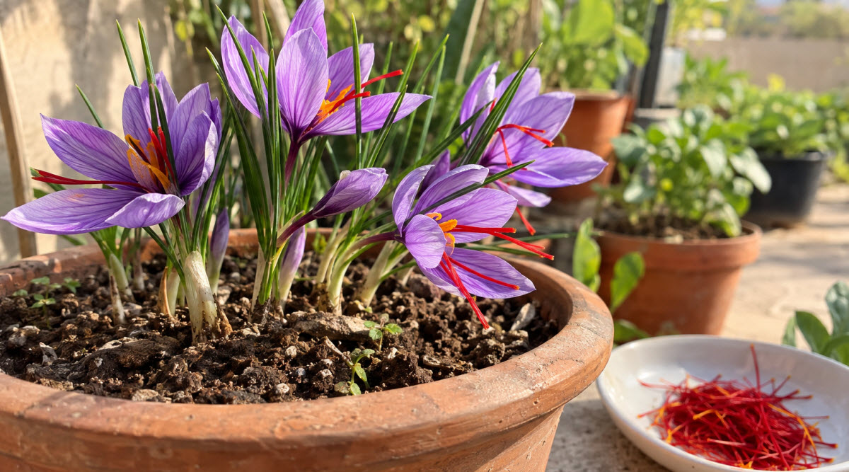 Purple saffron flowers growing in a pot at home