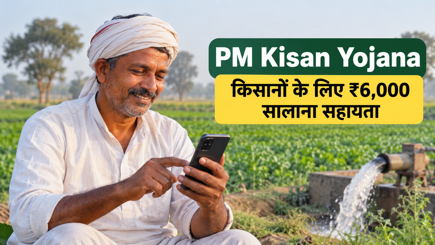 Indian farmer checking PM Kisan Yojana information on a smartphone in his field